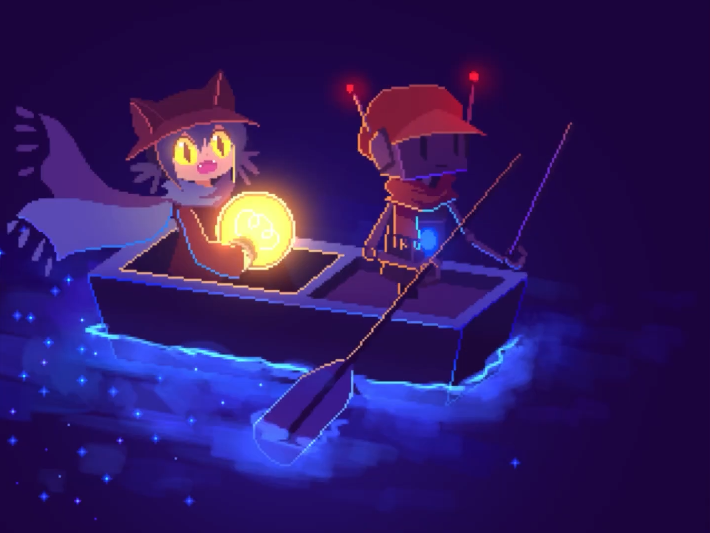 A cutscene from the game. Niko is crossing over the ocean on a rowbot.