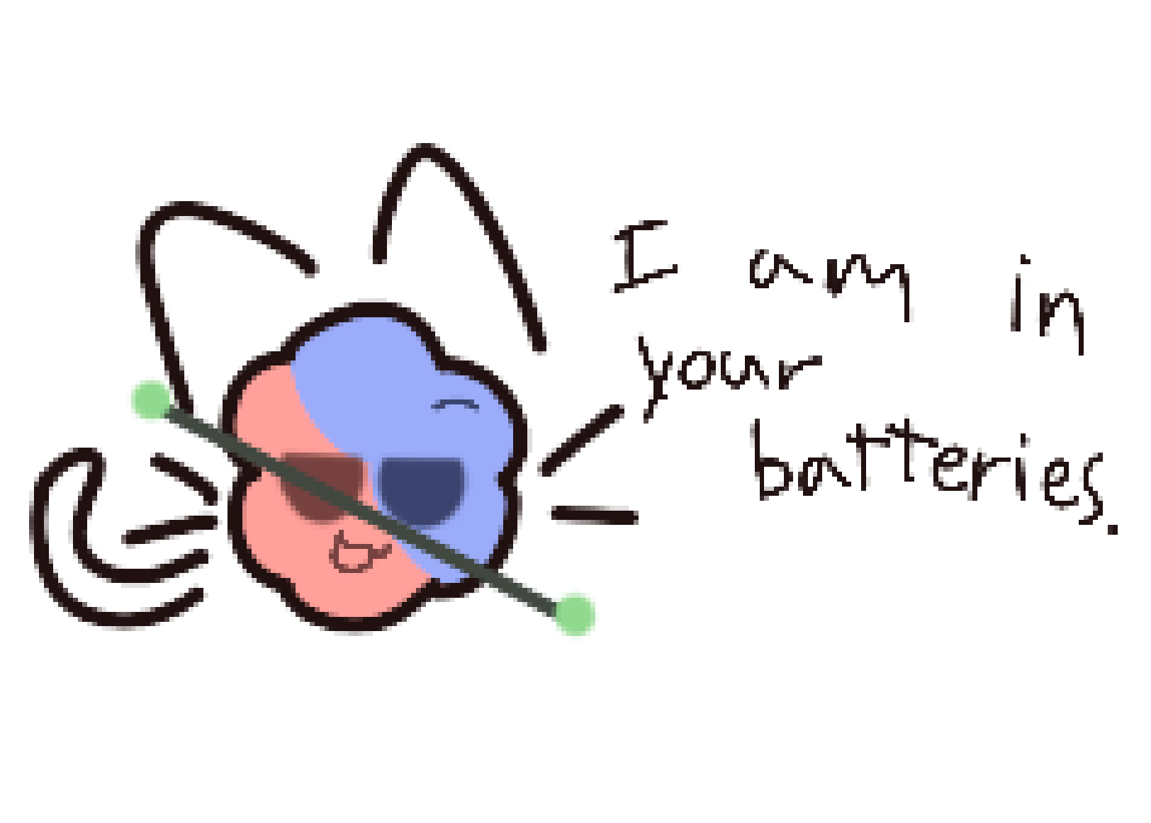A Li+ atom looking at you. The atom has features of a cat. The cation is saying "I am in your batteries."